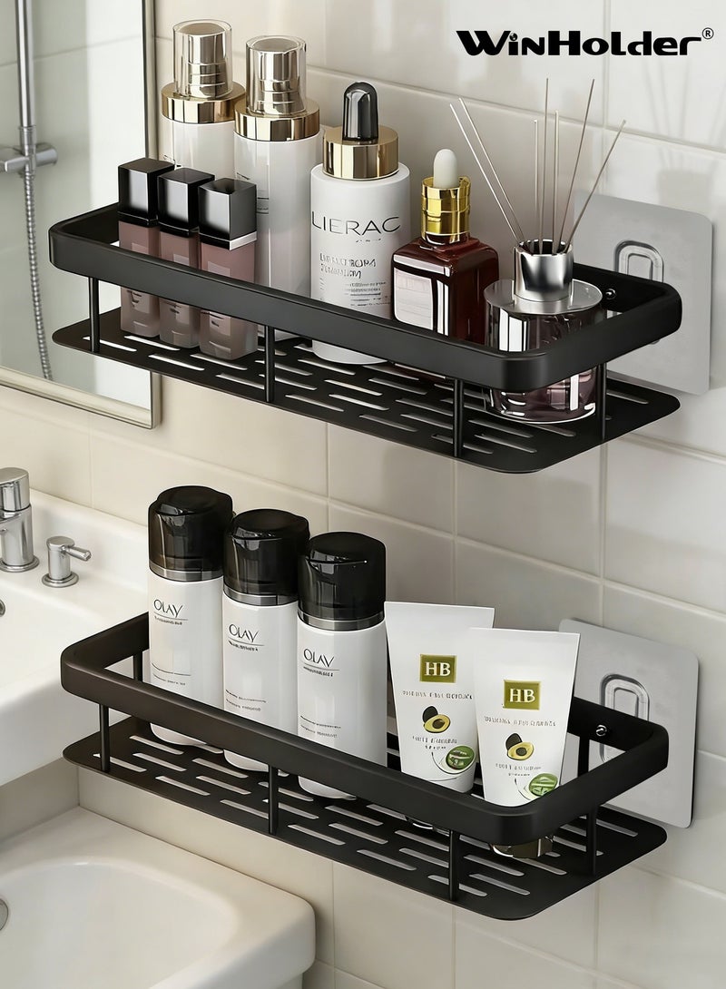 وين هولدر رف حمام علبة دش 【إصدار مطور سميك】، رف حمام أسود لاصق للاستحمام، منظم دش مثبت على الحائط بدون حفر، سلة مقاومة للصدأ للحمام، المرحاض، المطبخ (2 عبوة) - Image 1